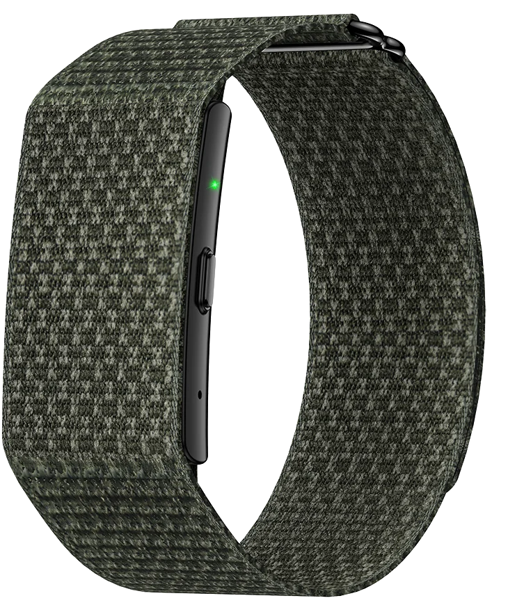 Kira Band in Moss: olive-green woven nylon loop with a black module