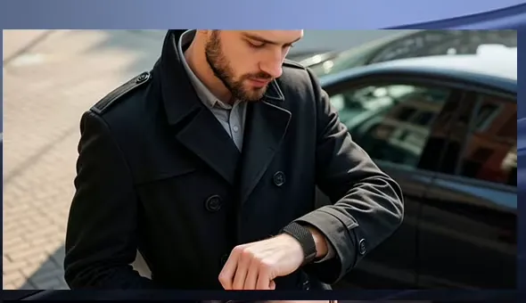 A man in a wool coat checks the band on his wrist beside a parked car
