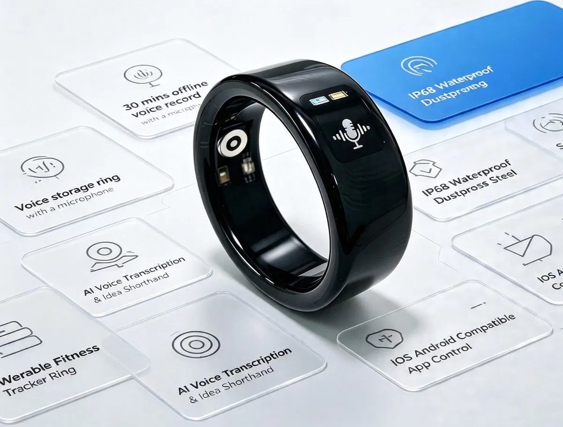 Kira AI Ring in Midnight Black surrounded by its feature cards — offline voice recording, AI transcription, IP68 waterproofing, fitness tracking, and iOS & Android app control