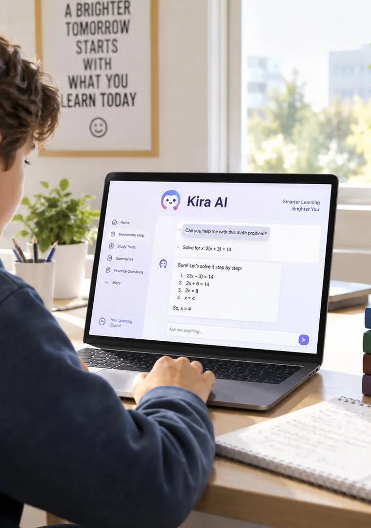 A student working through a maths problem with Kira AI on a laptop